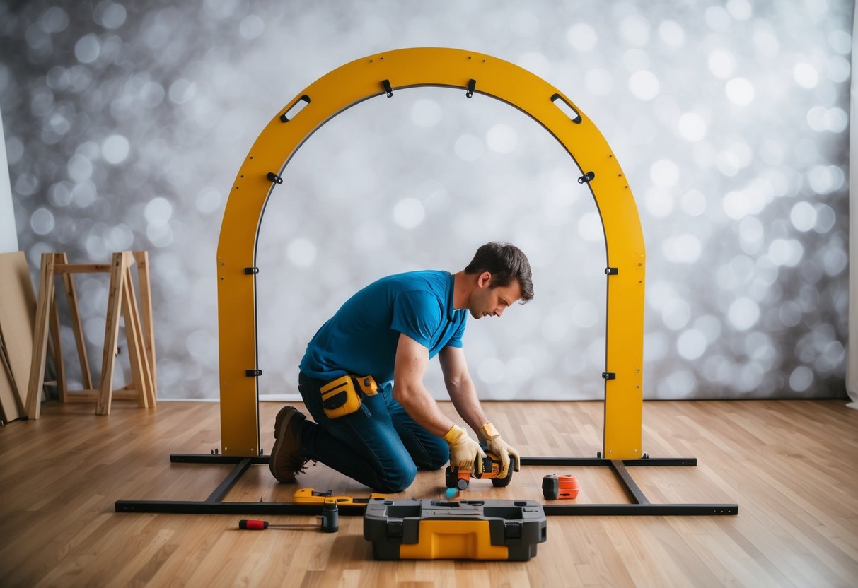 A person assembling an arch backdrop with tools and following safety measures