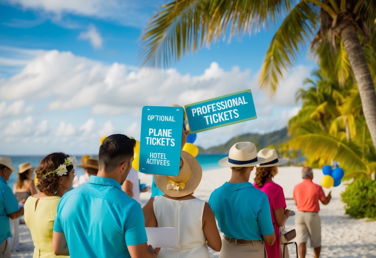 Guests buying plane tickets and hotel accommodations for a tropical wedding. Optional expenses include gifts, transportation, and activities