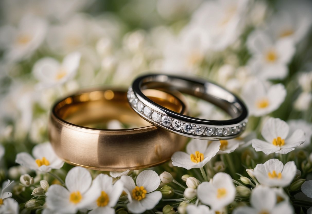 Two wedding rings interlocked on a bed of delicate flowers