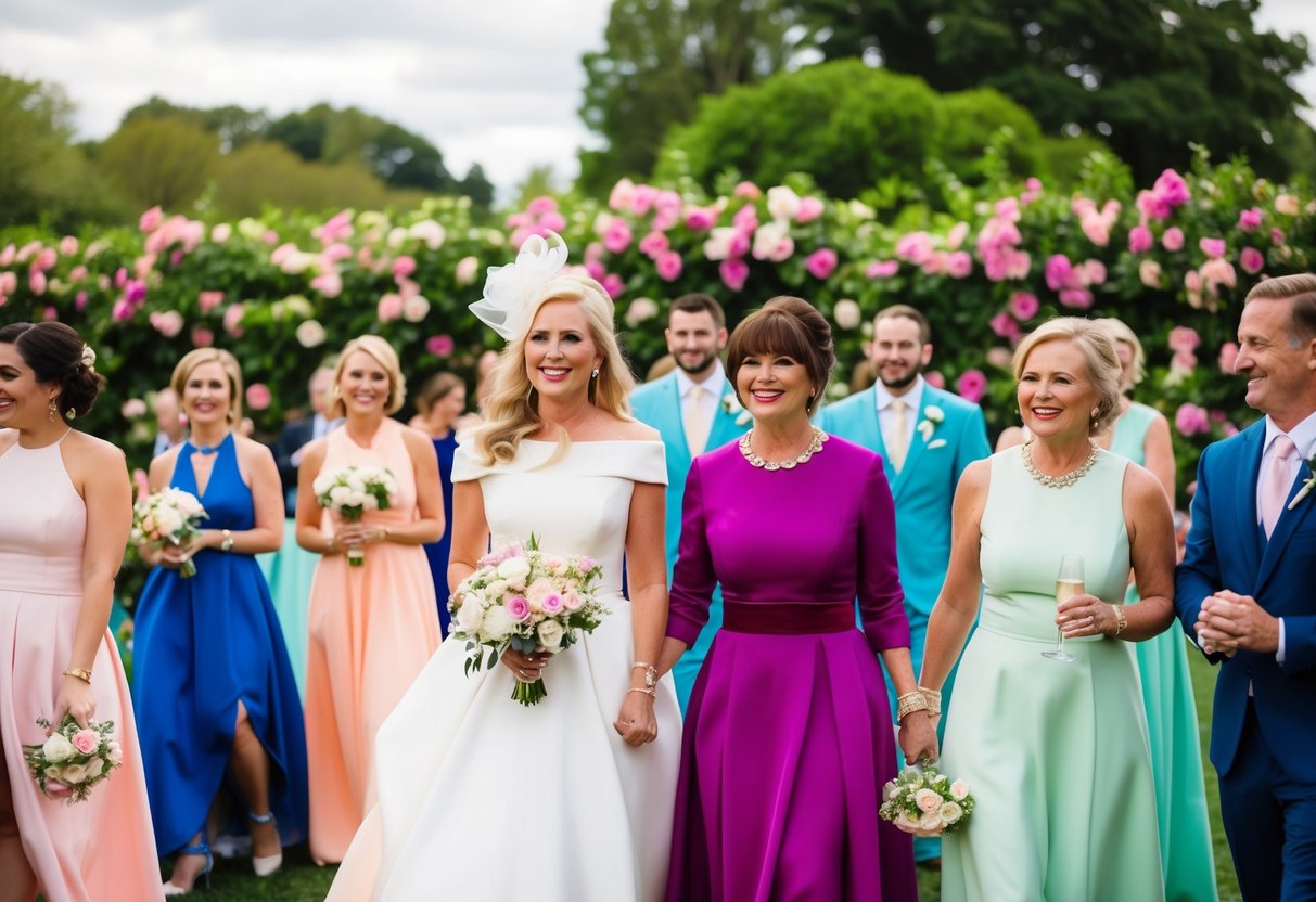 A vibrant wedding scene with guests wearing pastel and jewel-tone attire, set against a backdrop of lush greenery and blooming flowers