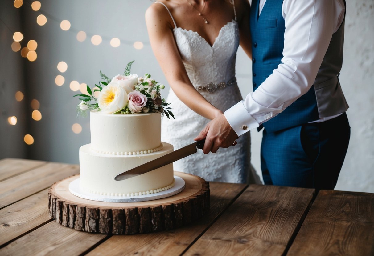 A couple cutting a simple, elegant wedding cake with flowers on a rustic wooden table