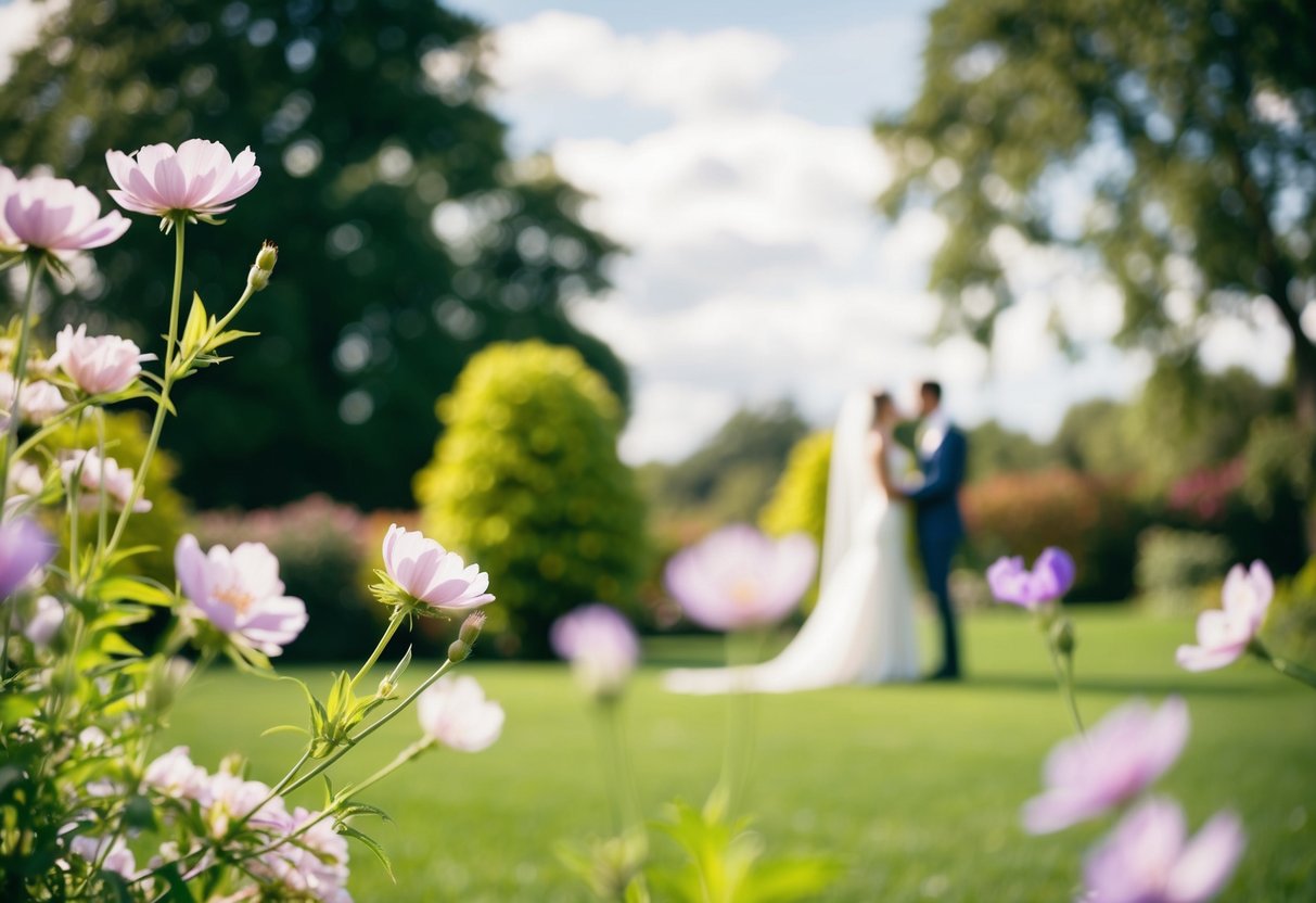 A serene outdoor setting with a blooming garden and a gentle breeze, creating a romantic atmosphere for exchanging vows