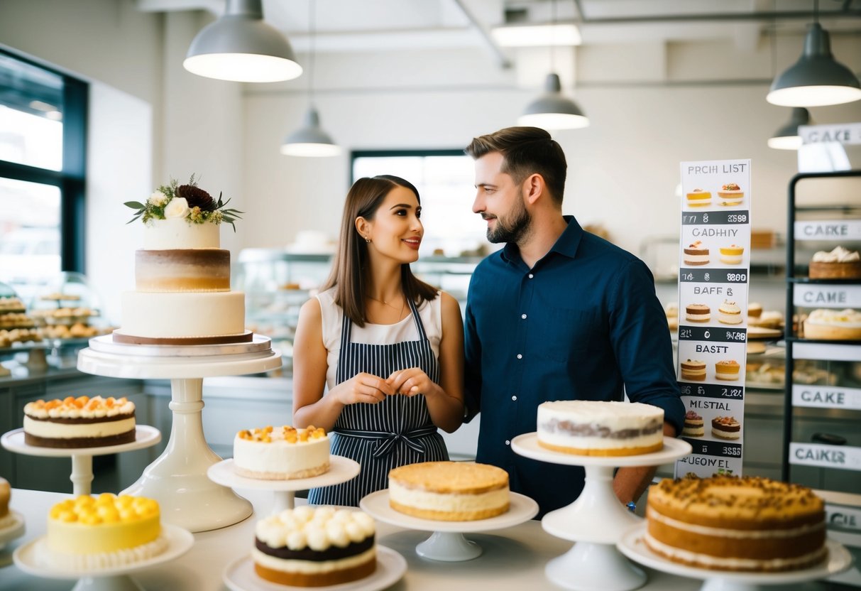 A couple discussing cake designs at a bakery, surrounded by various cake samples and price lists