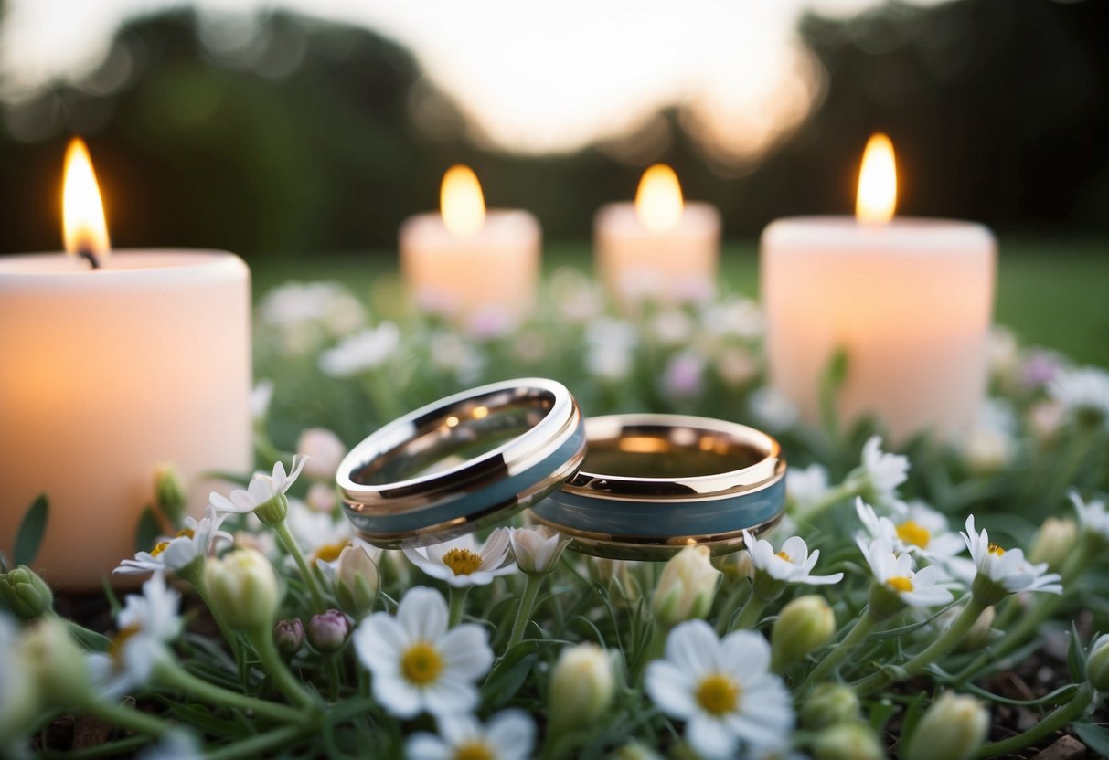 A serene outdoor setting with two intertwined rings resting on a bed of delicate flowers, surrounded by soft candlelight