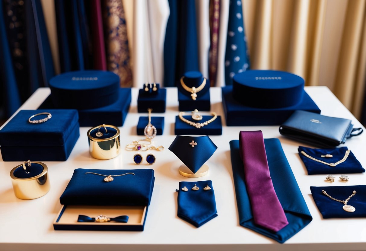 A table displaying a variety of elegant accessories such as jewelry, ties, and scarves in shades of navy blue, burgundy, and gold