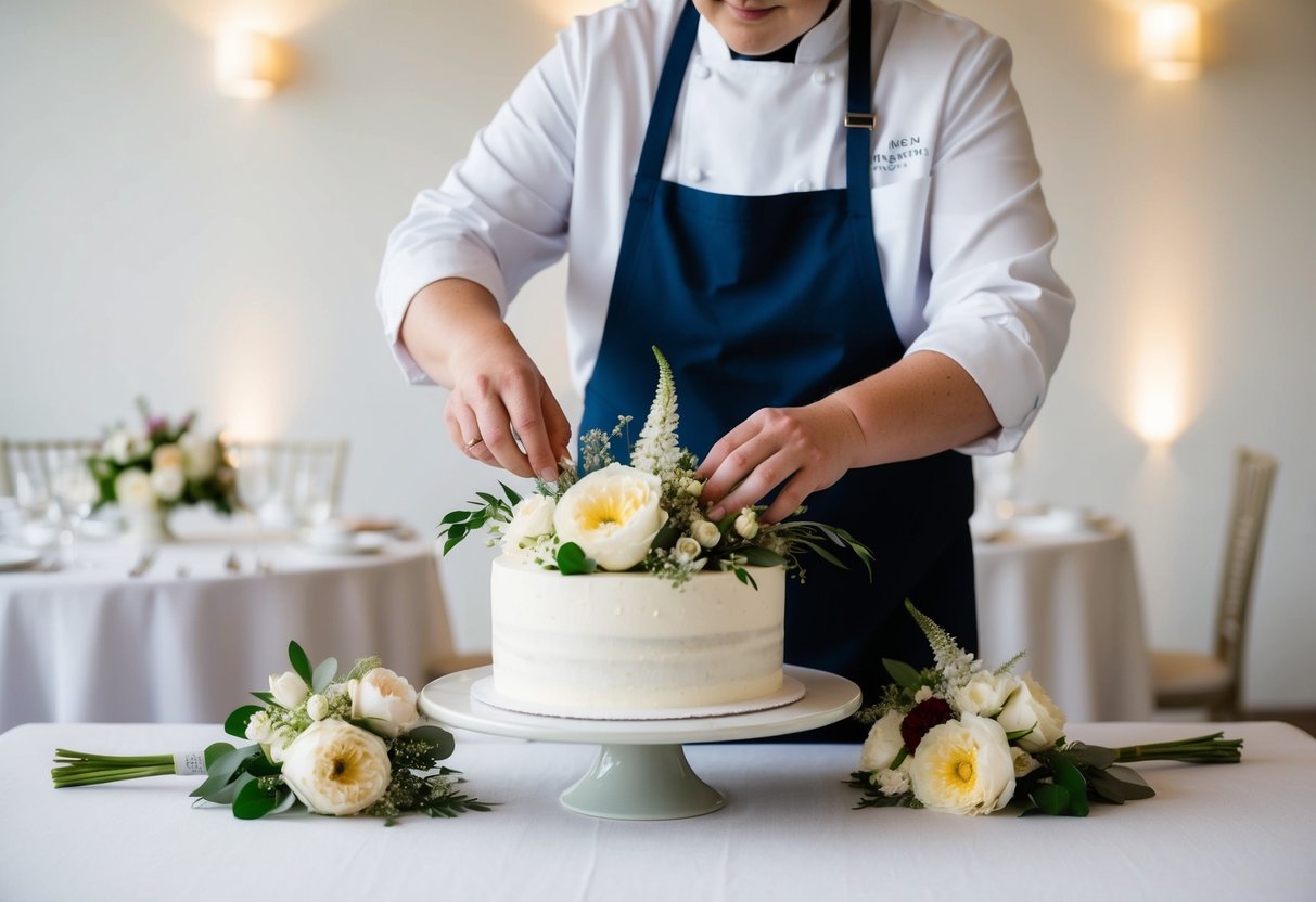 A baker carefully arranges fresh flowers and decorative elements on a simple yet elegant wedding cake, set against a backdrop of soft lighting and delicate table settings