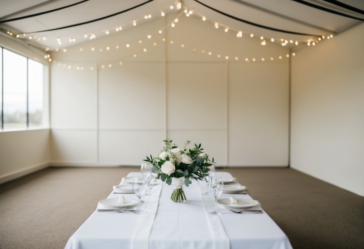 A small, bare wedding venue with minimal decorations and a simple, unadorned table setting