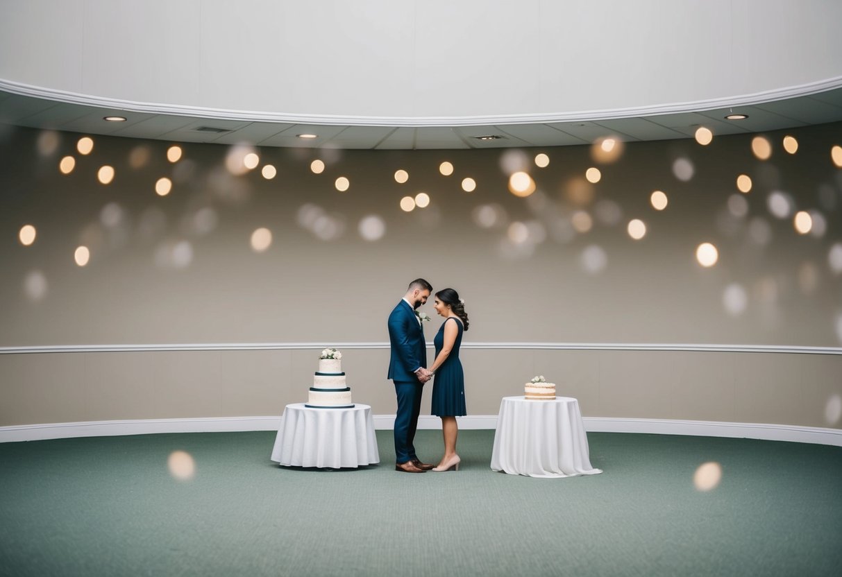 A small, empty wedding venue with minimal decorations and a simple cake. A couple stands alone, looking disappointed