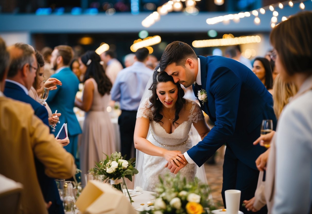 A couple struggling to set up a small wedding in a crowded, chaotic space