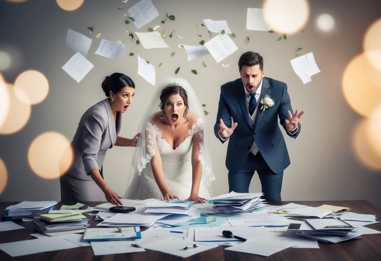 A disorganized bride surrounded by scattered wedding plans and a frustrated wedding planner trying to manage chaos