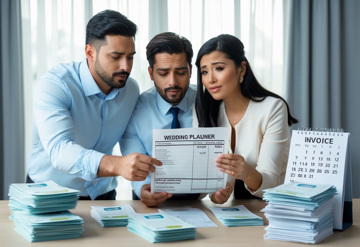 A couple reviewing a wedding planner's invoice with a concerned look on their faces, surrounded by stacks of bills and a calendar showing the approaching wedding date
