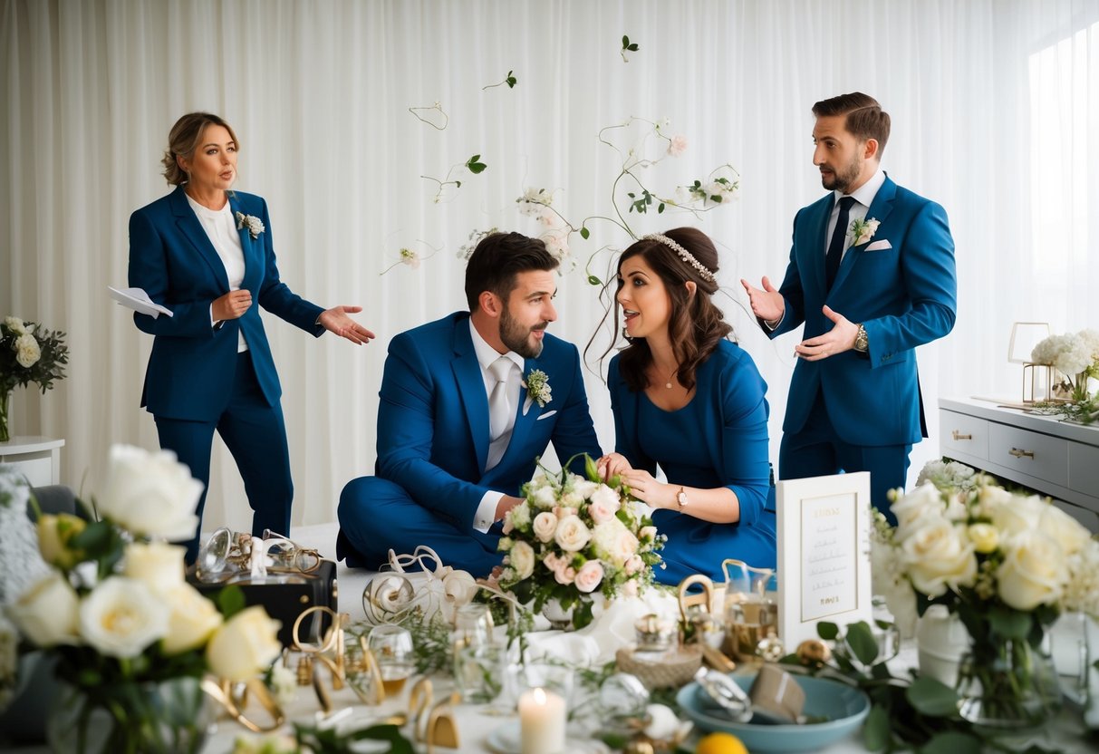 A frazzled couple surrounded by chaotic wedding details, while a disorganized wedding planner looks on in confusion