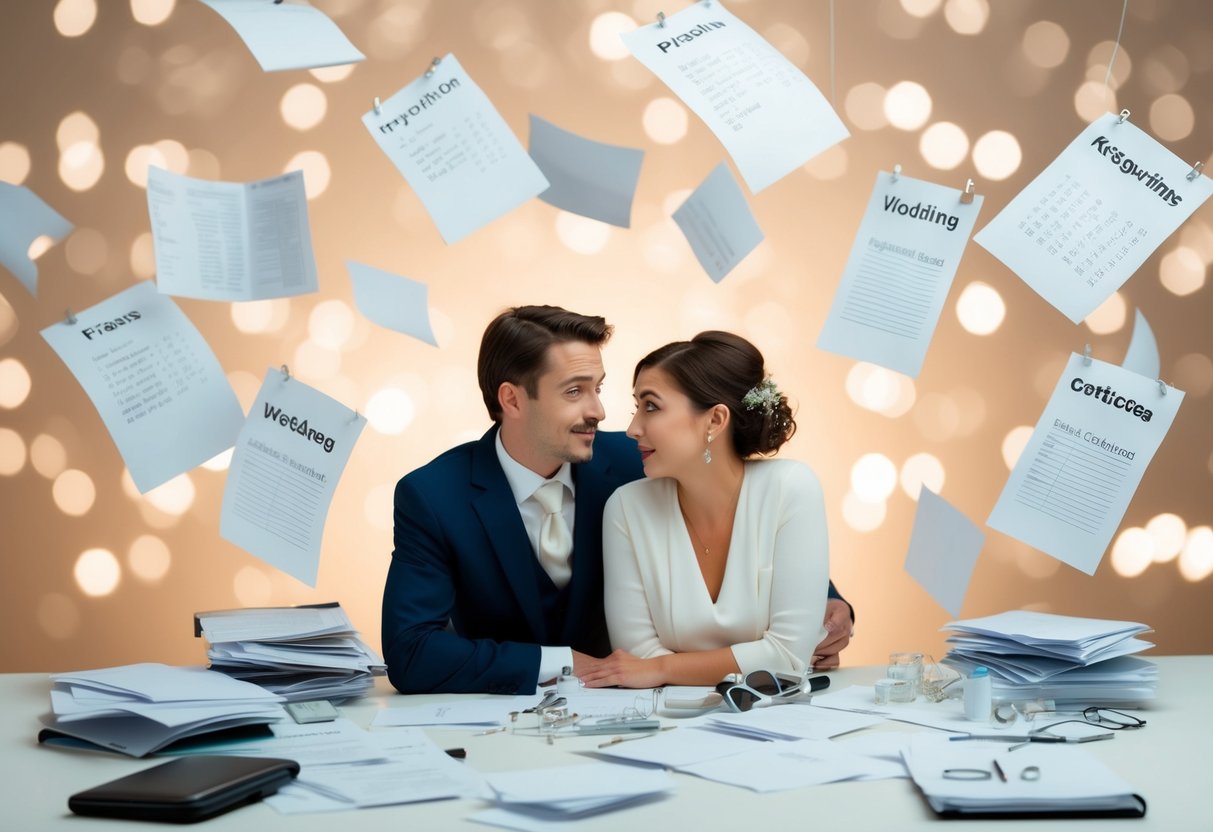A frazzled couple surrounded by scattered wedding plans and conflicting schedules