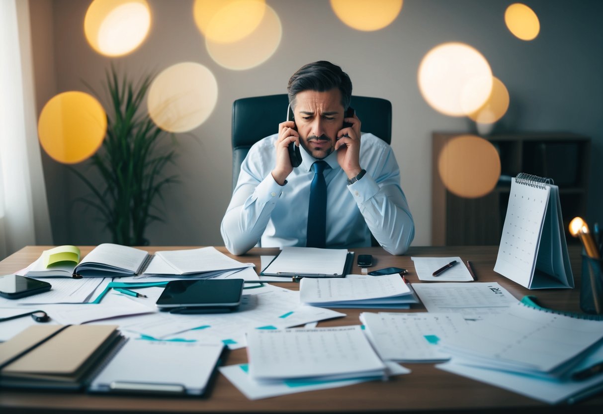 A cluttered desk with scattered papers, a calendar, and a stressed-out person on the phone with a look of frustration