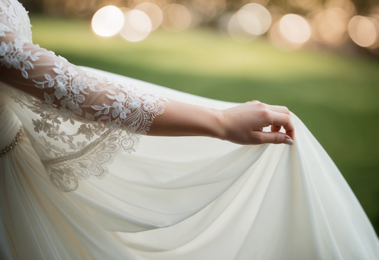 A slender arm reaching out from a flowing wedding dress, with delicate lace sleeves and a subtle hint of shimmering fabric