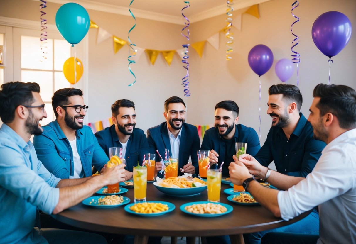 A group of men gathered around a table with drinks and snacks, laughing and playing games. Streamers and balloons decorate the room