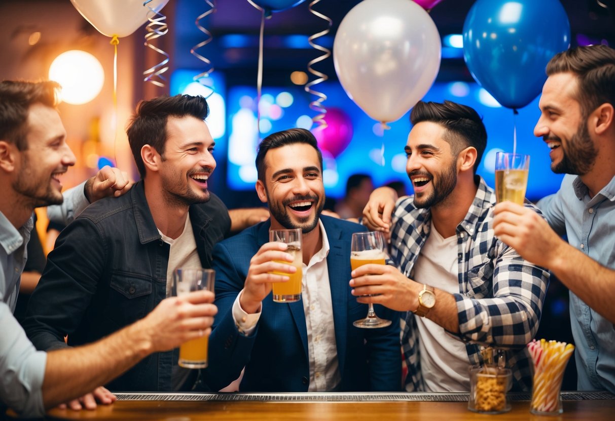 A group of men celebrating at a bar, with drinks and laughter, surrounded by balloons and streamers