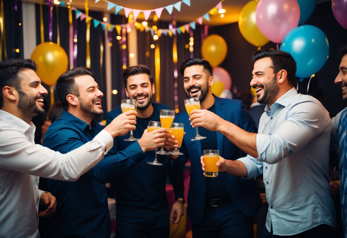 A group of men laughing and toasting drinks in a dimly lit room decorated with streamers and balloons. Music plays in the background as they enjoy the party