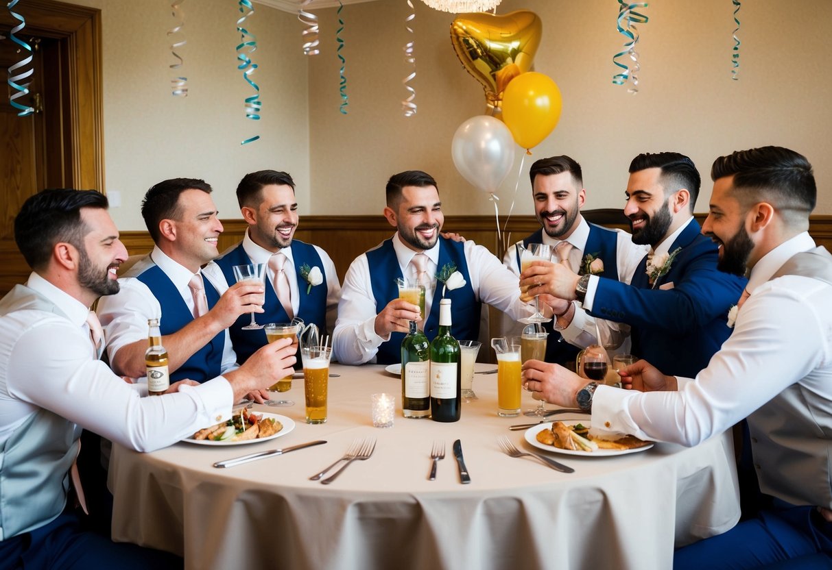 A group of men gathered around a table with drinks and cigars, laughing and toasting to the groom. Streamers and balloons decorate the room