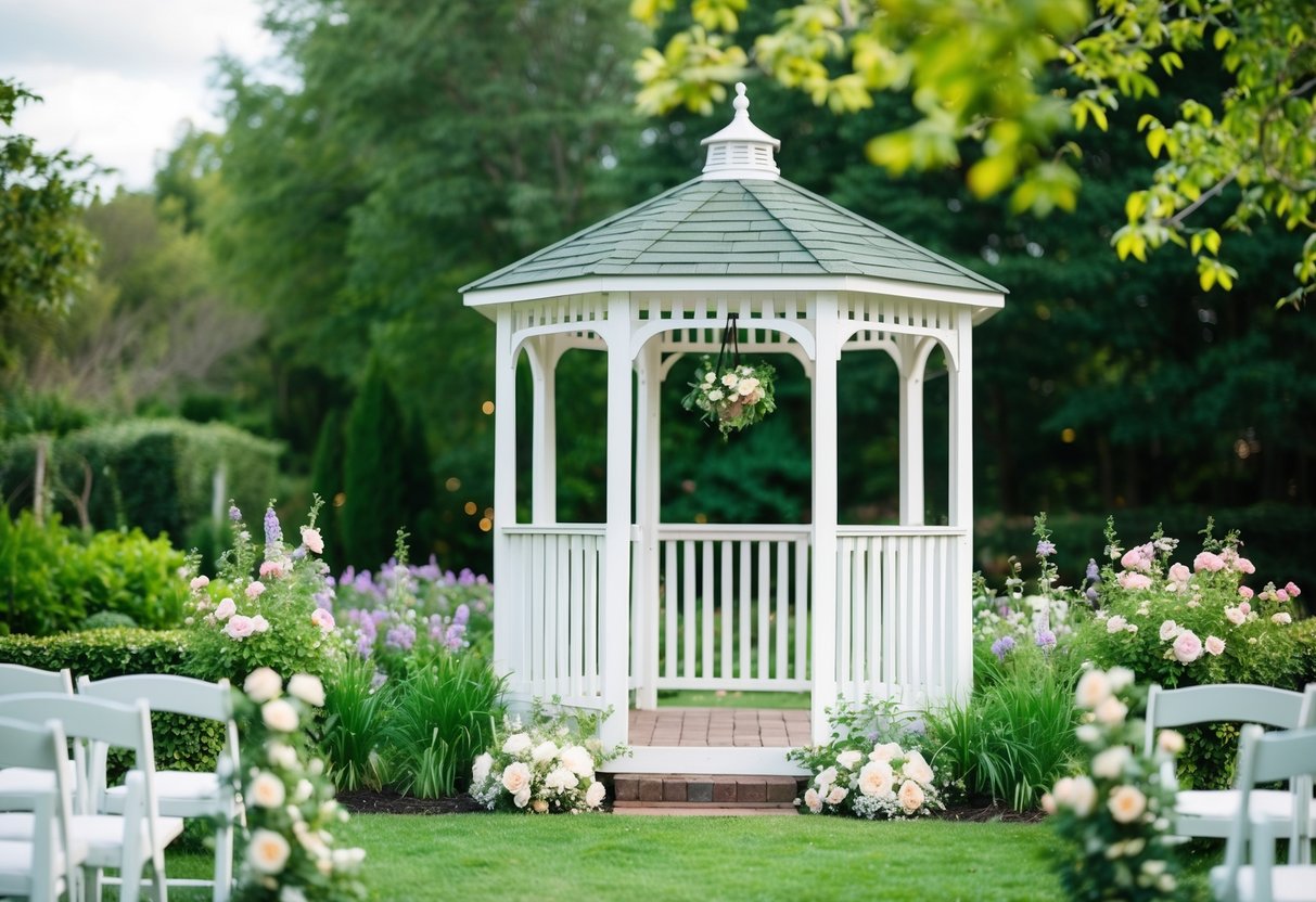 A cozy outdoor garden wedding with a small white gazebo, surrounded by blooming flowers and greenery, with seating for around 40 guests