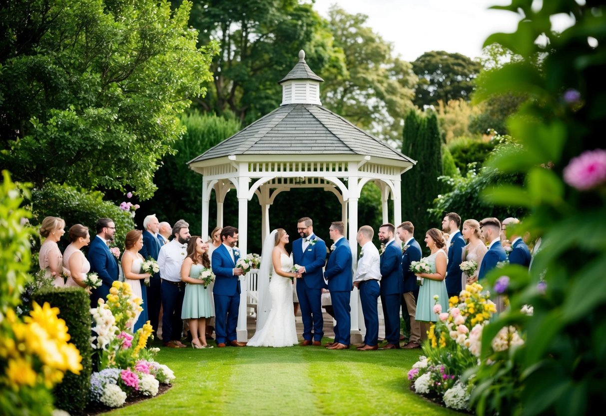 A cozy outdoor wedding with a small guest list gathered around a charming gazebo, surrounded by lush greenery and colorful flowers