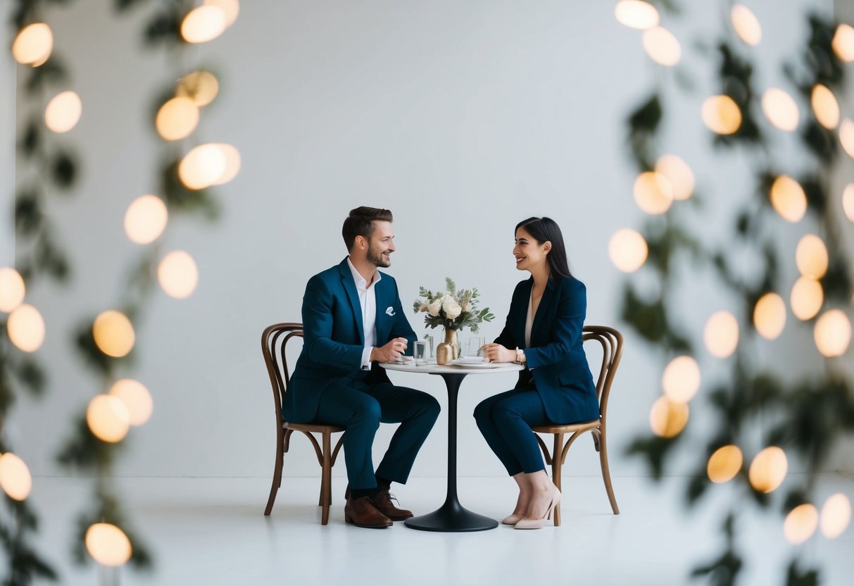 A couple sits at a small table, surrounded by minimal decorations, discussing wedding plans and budgeting