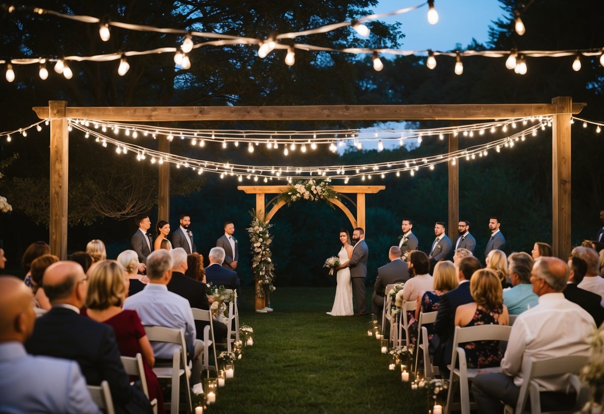A cozy outdoor wedding with string lights, a rustic wooden arch, and intimate seating for 40 guests