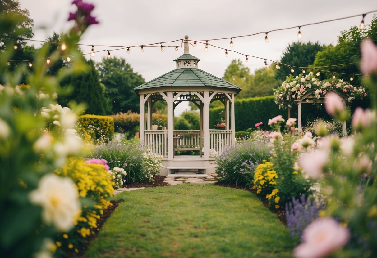 A cozy outdoor garden wedding with a small gazebo, surrounded by blooming flowers and twinkling string lights