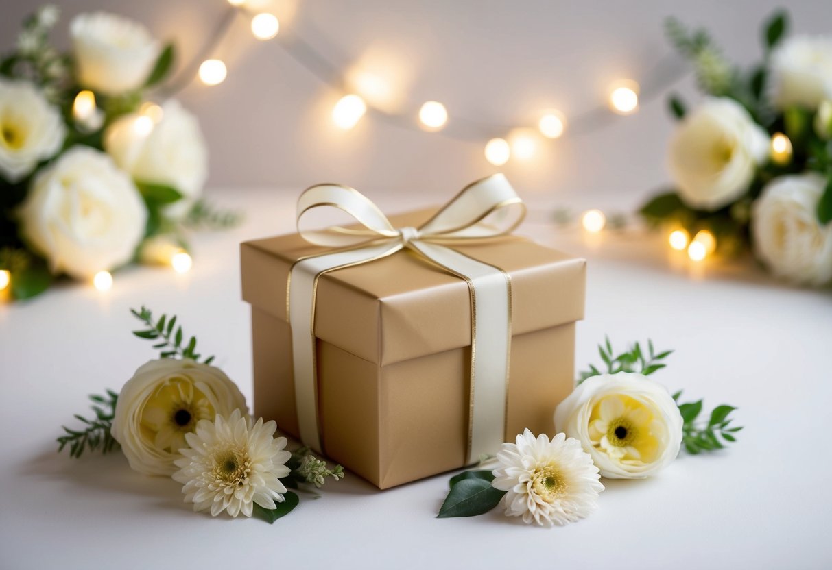 A beautifully wrapped gift box with a ribbon and bow, surrounded by elegant floral decorations and soft lighting