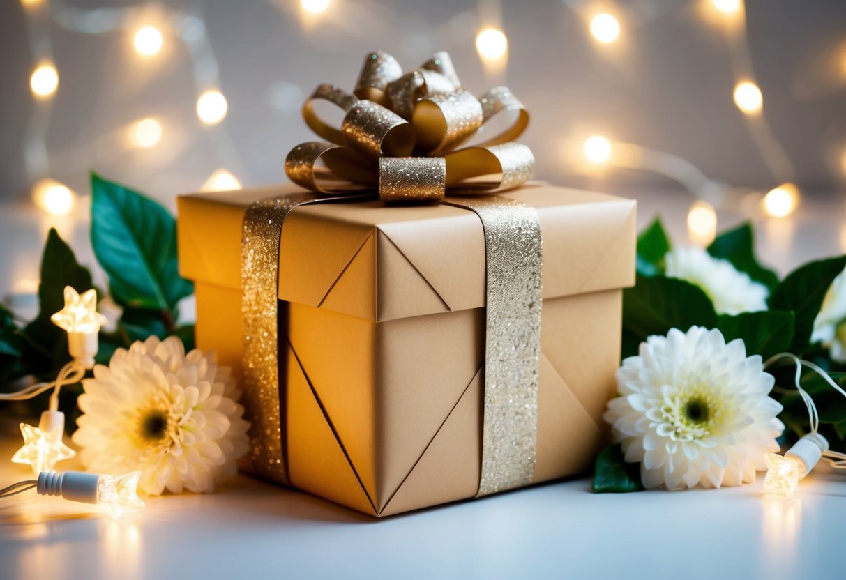 A beautifully wrapped gift box with a bow on top, surrounded by elegant floral decorations and twinkling fairy lights