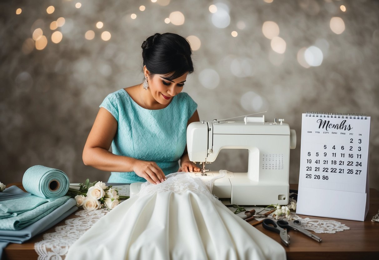 A seamstress working on a wedding dress, surrounded by fabric, lace, and sewing tools, with a calendar showing 8 months until the wedding