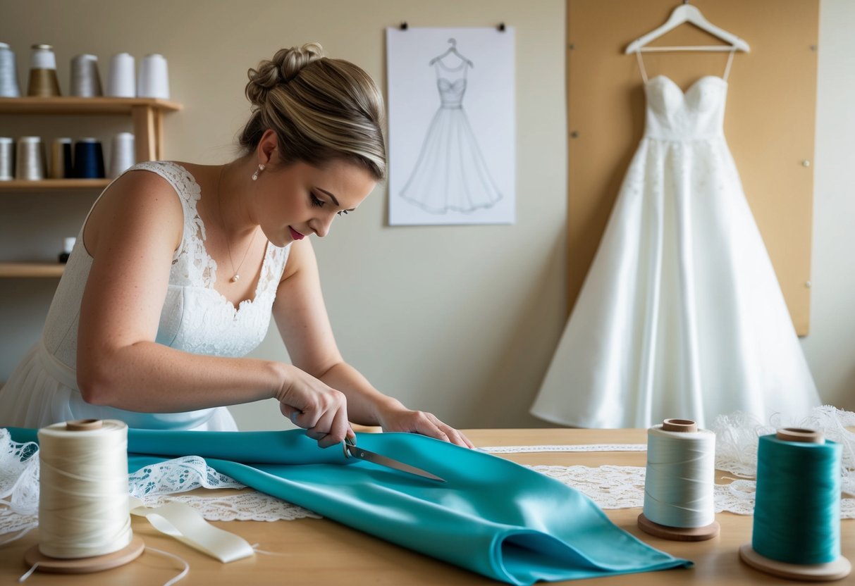 A seamstress carefully measures and cuts fabric, surrounded by spools of thread and lace. A sketch of a wedding dress hangs on the wall for reference