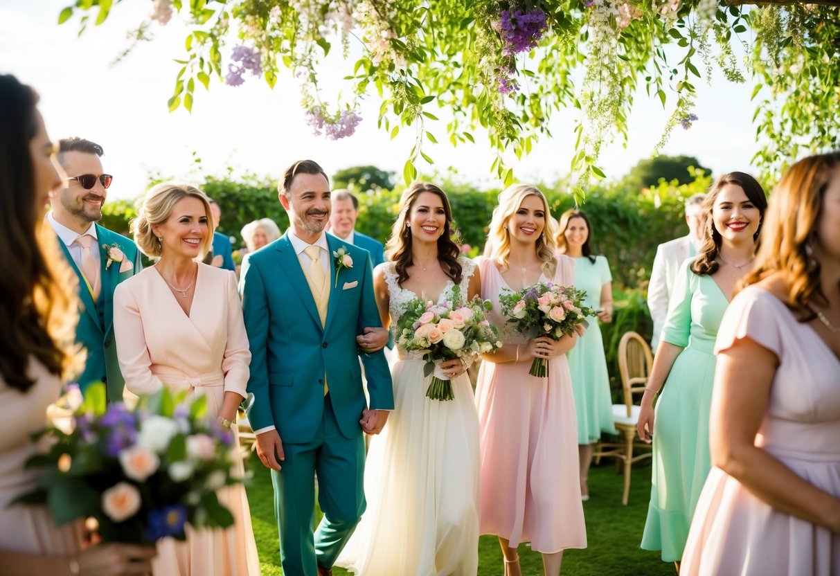 A garden wedding with guests wearing pastel and floral attire. Greenery and flowers decorate the venue, with sunlight casting a warm glow