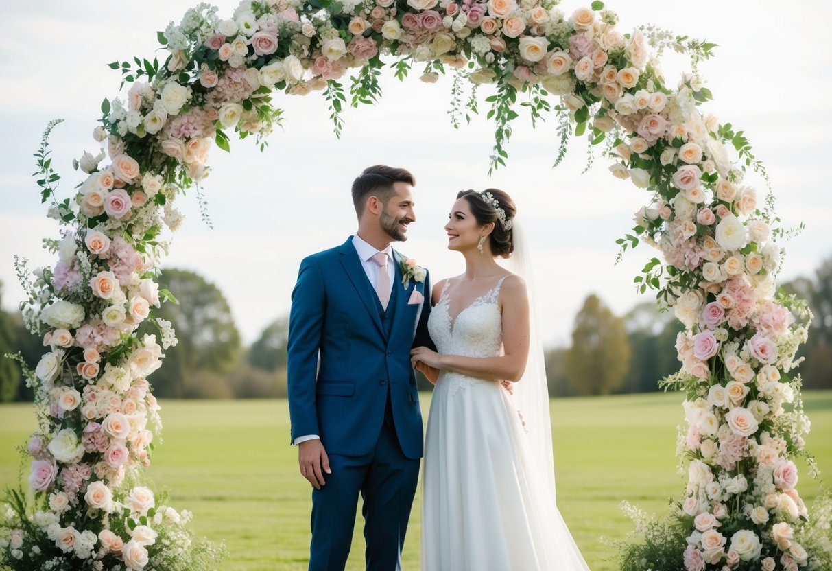 A bride and groom stand beneath a floral arch, surrounded by soft pastel colors symbolizing love, purity, and new beginnings