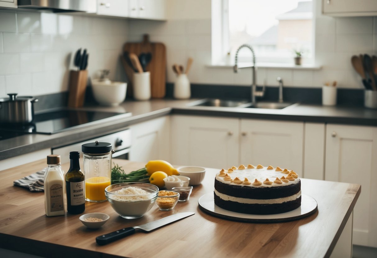 A kitchen counter with ingredients and baking tools on one side, and a store-bought cake on the other