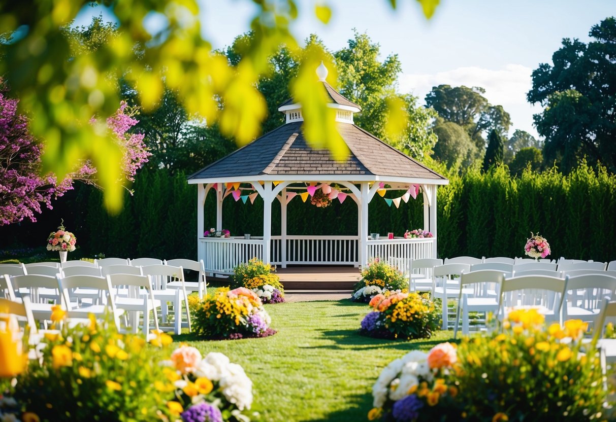 A sunny outdoor wedding venue with colorful decorations and a gazebo, surrounded by lush greenery and blooming flowers
