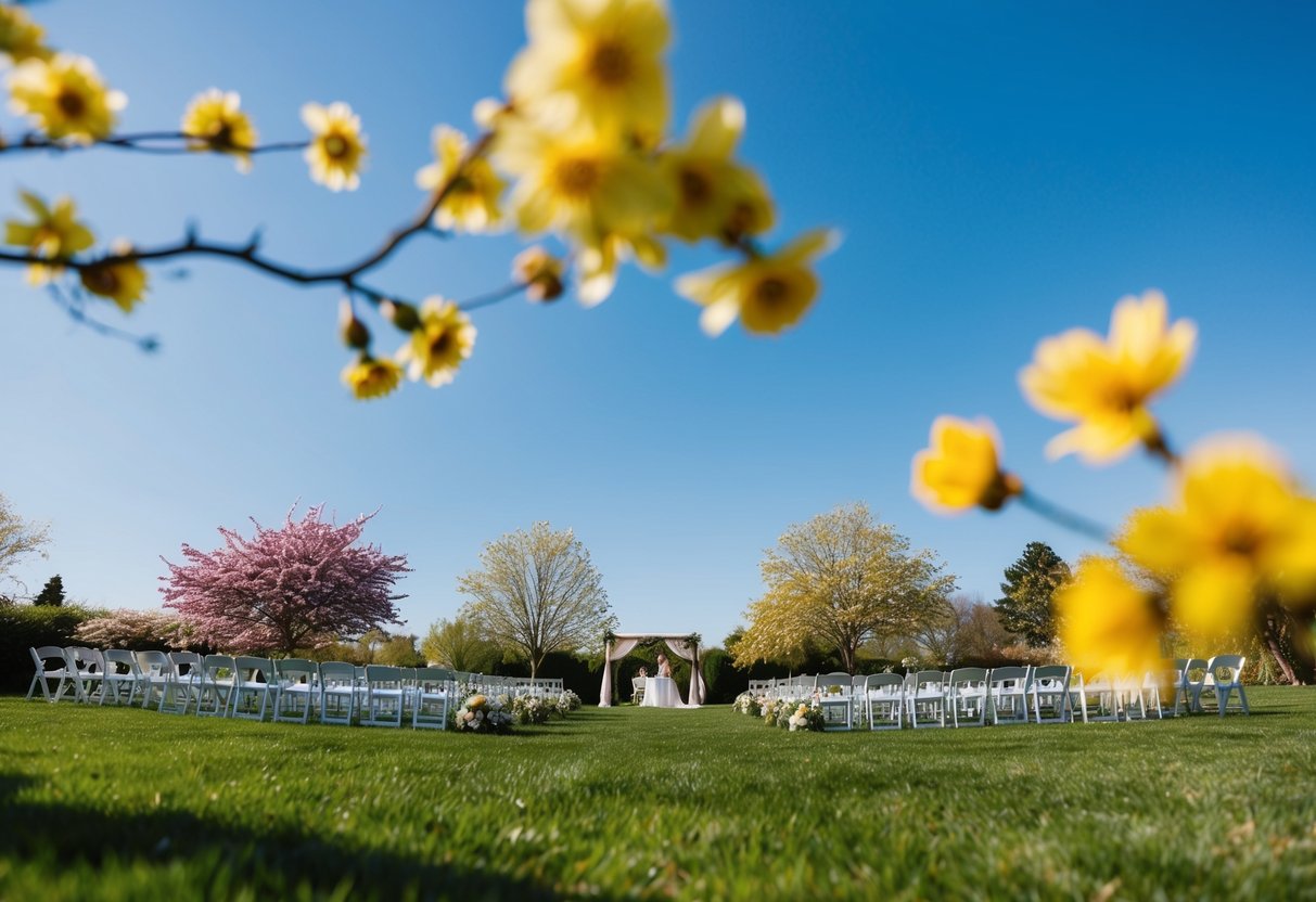 A sunny outdoor wedding venue with blooming flowers and a clear blue sky, indicating a spring or fall season, with a serene and peaceful atmosphere