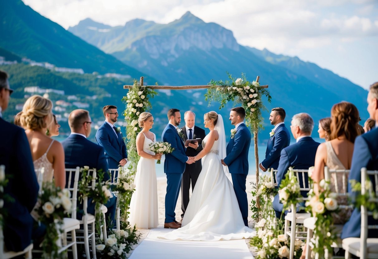 A wedding ceremony taking place in a picturesque foreign country, with a beautiful backdrop of mountains or a beach