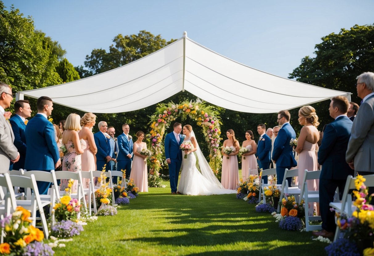 A serene outdoor wedding on a sunny Saturday, with colorful flowers and a flowing white canopy, surrounded by friends and family