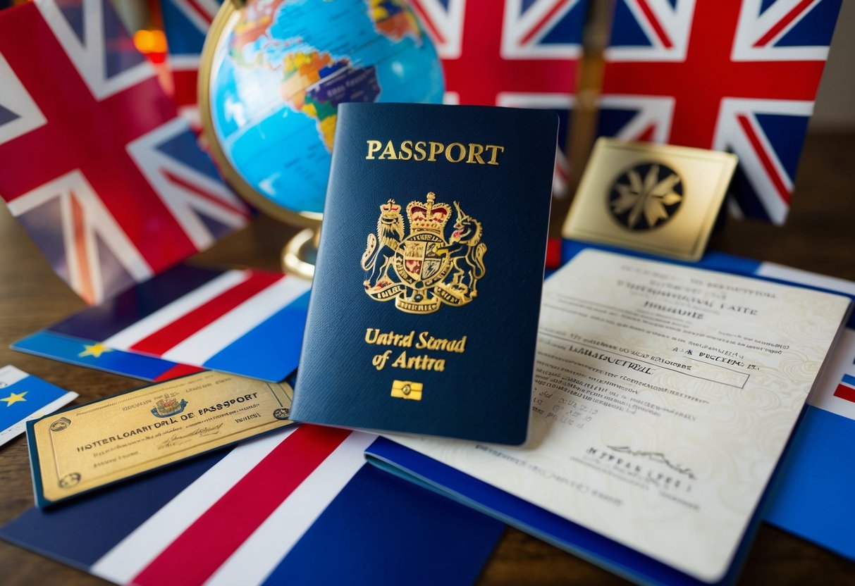 A British passport surrounded by international flags, with a marriage certificate and a globe in the background