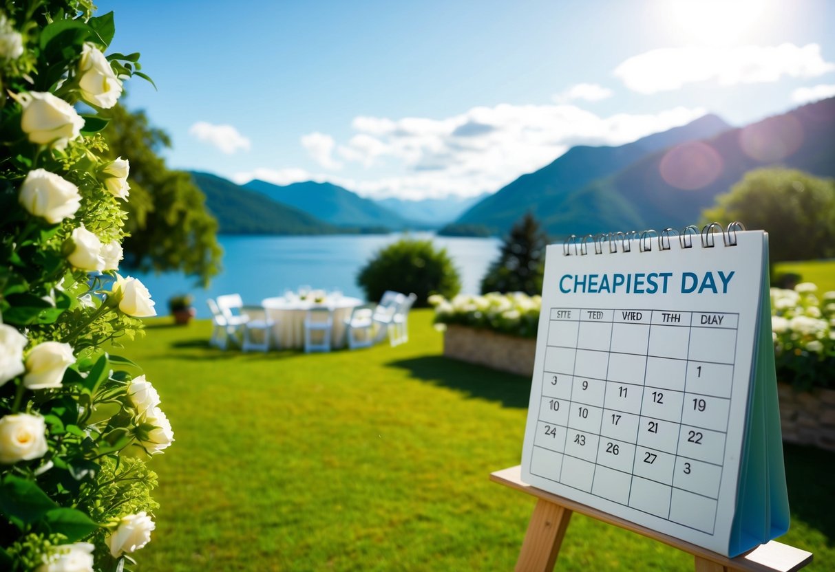 A sunny outdoor wedding venue with lush greenery and a picturesque view of a lake or mountains. A calendar with highlighted dates indicating the cheapest day to get married