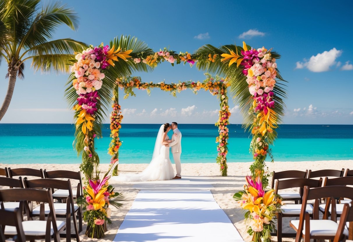 A picturesque beach wedding with a tropical backdrop and a canopy of colorful flowers, with a clear blue ocean in the background
