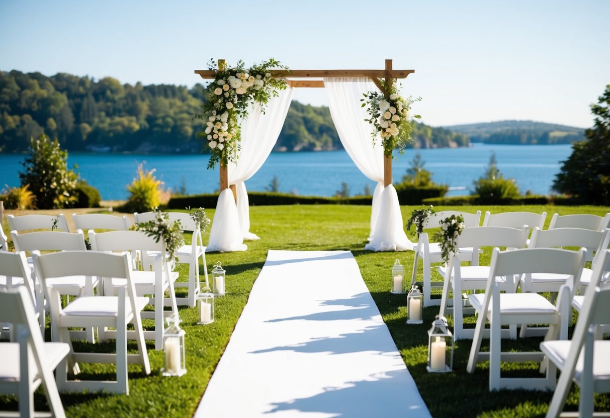 A sunny outdoor wedding setting with a picturesque view, adorned with budget-friendly decorations and a simple yet elegant ceremony setup