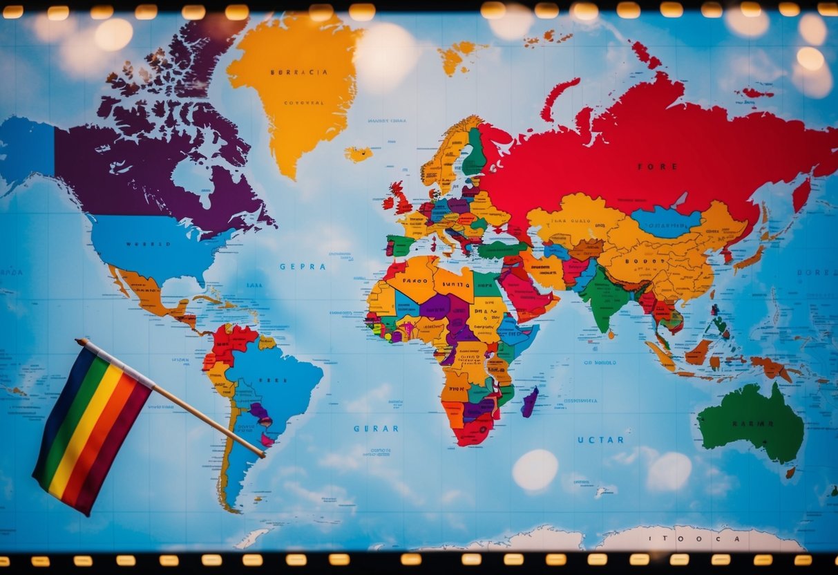 A colorful world map with highlighted countries and a rainbow flag