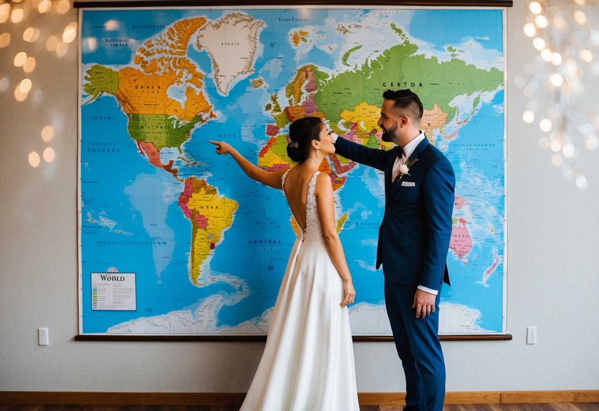 A couple stands in front of a world map, pointing at various countries while discussing their options for a destination wedding