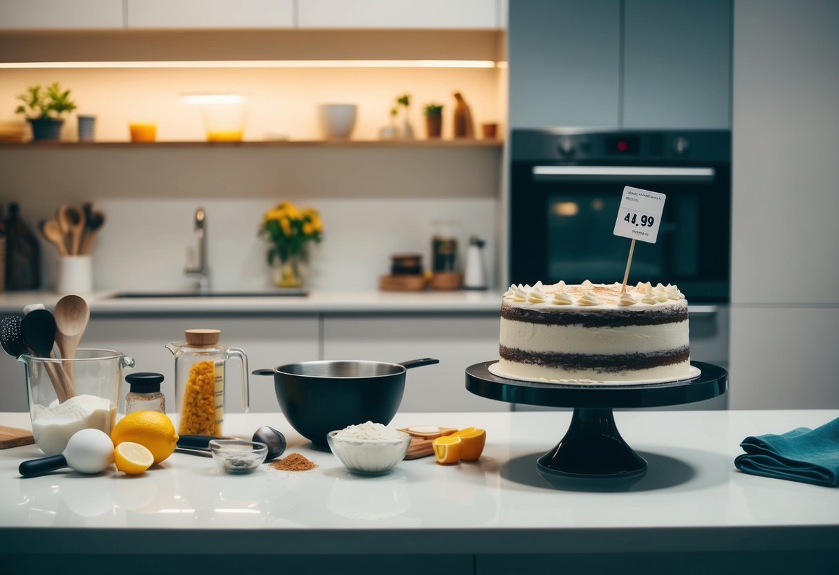 A kitchen counter with ingredients and baking tools on one side, and a store-bought cake with a price tag on the other side