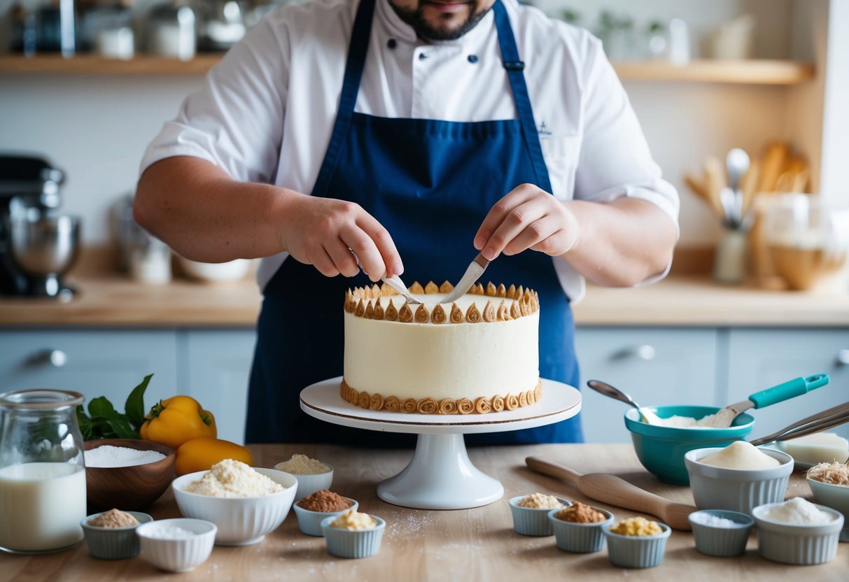 A baker carefully decorates a custom cake with intricate details, surrounded by a variety of high-quality ingredients and convenient baking tools