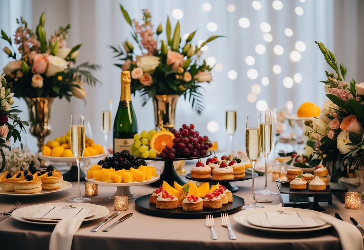 A table set with a variety of elegant and decadent foods, such as fruits, pastries, and champagne, surrounded by floral arrangements and decorative elements