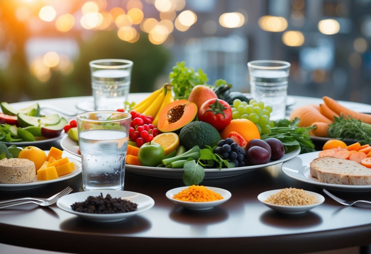 A table set with a colorful array of fruits, vegetables, lean proteins, and whole grains. Water and herbal tea sit nearby