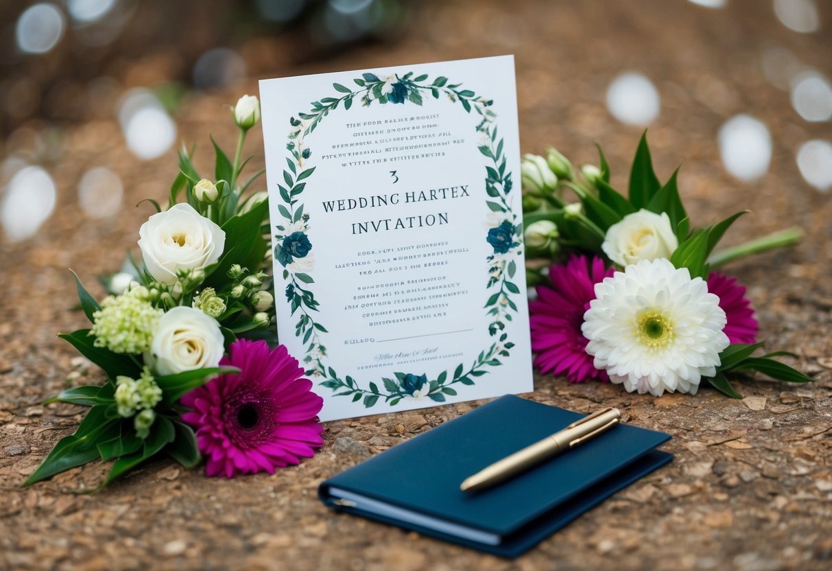 A wedding invitation surrounded by flowers, with a checkbook and pen nearby
